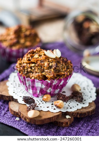 vegan muffins with oat flakes with raisins and nuts, healthy dessert