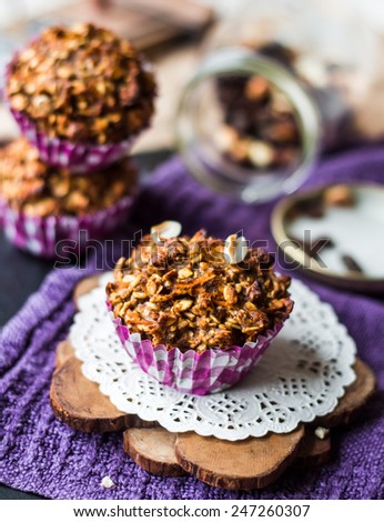 vegan muffins with oat flakes with raisins and nuts, healthy dessert