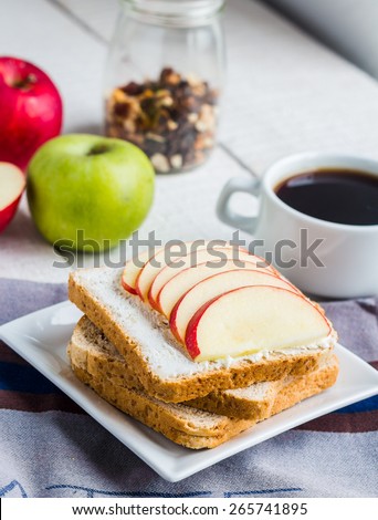 toast with curd cheese, apple, honey and dried fruits, coffee, healthy breakfast, white background