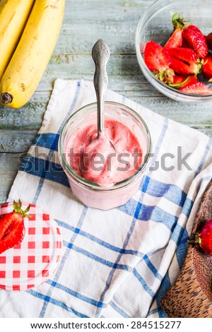 strawberry-banana ice cream in a glass fruit dessert, summer, clean eating, banana