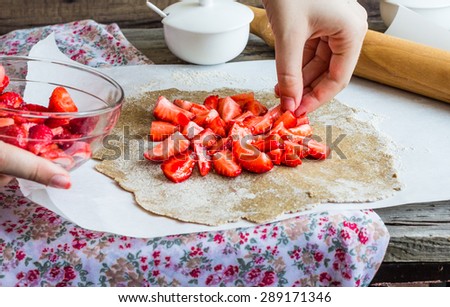 cooking processes biscuit with fresh strawberries, vegan dessert, clean eating