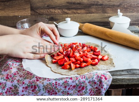 cooking processes biscuit with fresh strawberries, vegan dessert, clean eating, selective focus