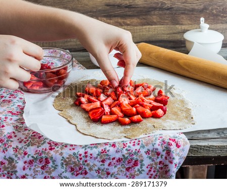 cooking processes biscuit with fresh strawberries, vegan dessert, clean eating