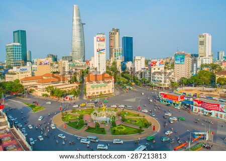 HO CHI MINH, VIETNAM - April 19: Downtown Saigon and Quach Thi Trang park at blue hour on April 19, 2015, in Ho Chi Minh city, Vietnam. Ho Chi Minh city is the biggest city in Vietnam