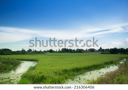 Green field Medium blue sky with clouds And a small canal