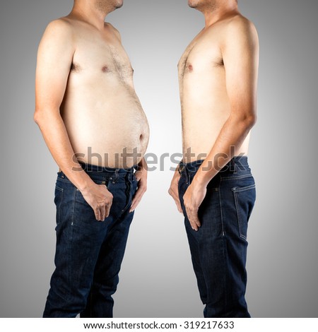 Fat and slim man opposite each other, Isolated on gray background - Before and after diet