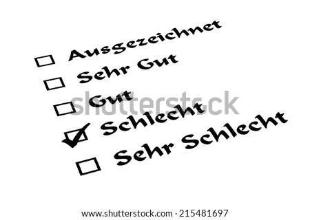 German list with check mark: Translation: Excellent, Very Good, Good, Bad, Very Bad