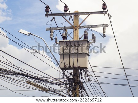 Electricity transformer and power lines on electric pole