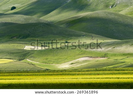Hills in Piano Grande of Norcia, an upland prairie surrounded by the barren mountains of the Monti Sibillini. The whole area is a national park (Monti Sibillini National Park). Umbria, Italy.