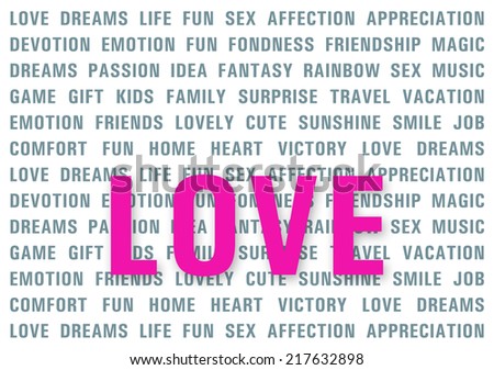 Pink Love word on a gray words background. Abstract wallpaper.
