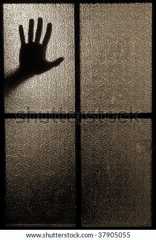 Slightly blurred silhouette of a hand behind a window or glass door (symbolizing horror or fear)
