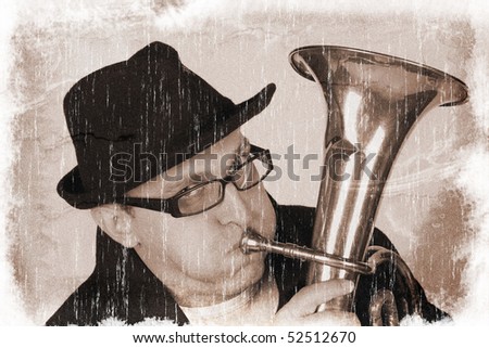 Funny man playing a horn (vintage style, with a grungy effect added)