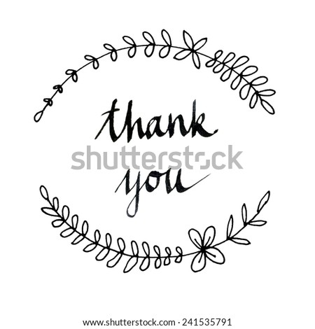 Black and white hand drawn card with floral wreath and thank you lettering. Thank you calligraphy text. Black and white ink laurels. Can be used for wedding card, invitation, greetings.