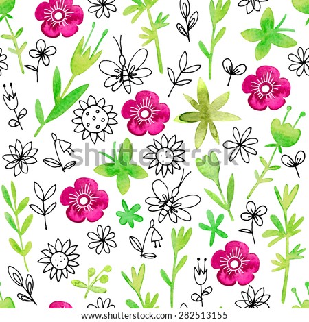 Summer flowers watercolor pattern.Hand drawn watercolor summer motifs seamless pattern. Meadow flowers and butterfly silhouettes on white background. Summer flowers pattern.