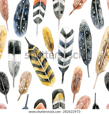 Feather pattern. Hand drawn watercolor seamless pattern with feathers. Realistic feathers on white background.