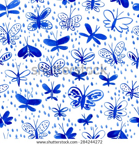 Watercolor butterfly pattern. Watercolor seamless pattern with blue butterflies. Summer repeating background.