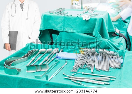Surgical tools displayed on a surgical tray who need to oparate a patient in an operation room in a modern hospital