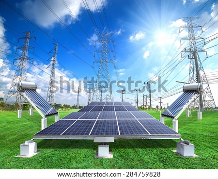 Solar energy panels and Vacuum solar water heating system against sunny sky