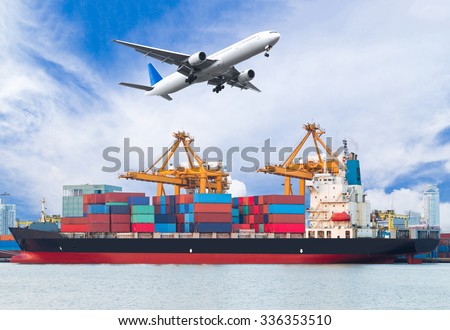 Cargo plane flying above ship port for logistic import export background
