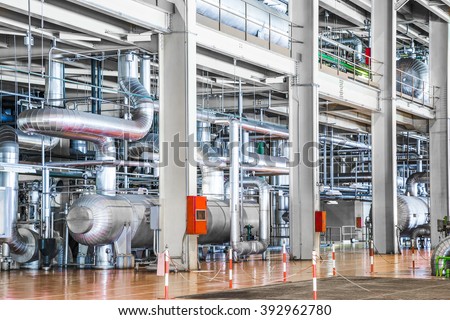 Equipment and piping as found inside of industrial thermal power plant