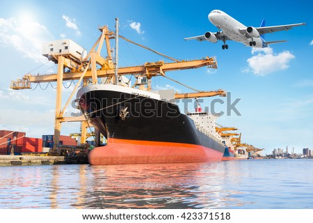 Container cargo freight ship with working crane loading bridge in port and cargo freight plane in transport for logistic Import export concept
