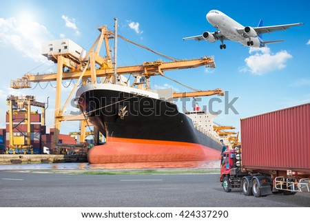 Container cargo freight ship with working crane loading bridge in port and truck transport container with cargo freight plane in transport for logistic import export concept