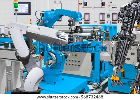 Human robot control automatic robotic hand machine tool at industrial manufacture factory, Technology robotic concept