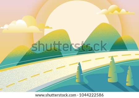 Abstract summer or spring landscape, vector hand drawn illustration. Road in green valley, mountains, hills, trees, clouds and sun on the sky. Nature horizontal background.