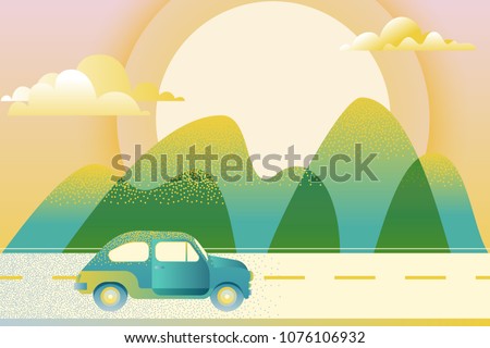 Car driving along mountain road, vector illustration. Abstract summer or spring green valley landscape. Automobile travel, trip concept. Outdoor tourism and travel.