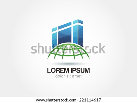 Abstract silhouettes architecture on globe. Design concept for real estate agencies. Vector logo icon template.