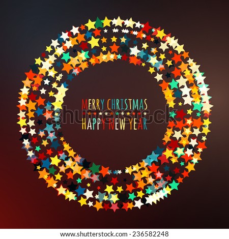 Round frame from abstract glowing stars. Vector holiday background. Christmas, New Year, Birthday greeting card, invitation.