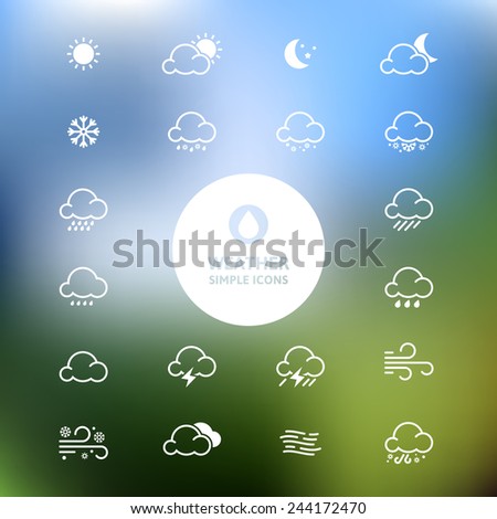 Simple line weather icon set on blurred landscape background. Vector illustration.