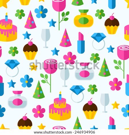 Abstract colorful gifts seamless pattern. Birthday, romantic, holiday background. Set of flat design icons.