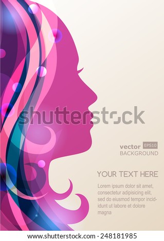 Beautiful girl silhouette with colorful hair, vector background. Abstract design concept for beauty salon, spa, cosmetic shop, flyer, brochure, cover, banner, placard.