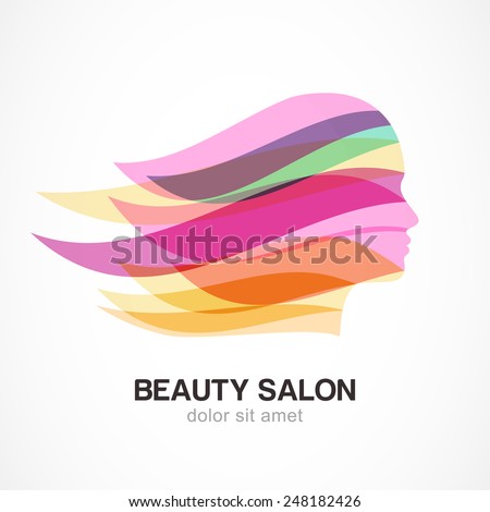 Beautiful girl silhouette with colorful streaming hair. Abstract design concept for beauty salon, massage, cosmetic and spa. Vector logo design template.