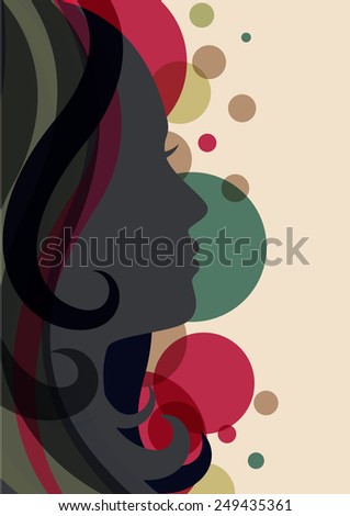 Beautiful girl silhouette with black hair, vector background. Abstract design concept for beauty salon, spa, cosmetic shop, flyer, brochure, cover, banner, placard.