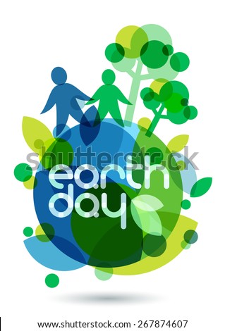 Two people silhouettes and green trees on the Earth. Abstract vector illustration. Ecology background, concept for save earth day.