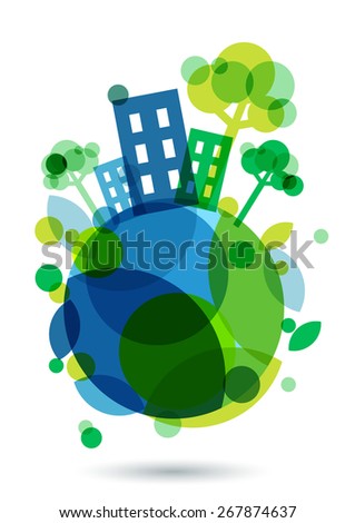 Colorful house silhouette and green trees on the Earth. Abstract vector illustration. Ecology background, concept for save earth day.