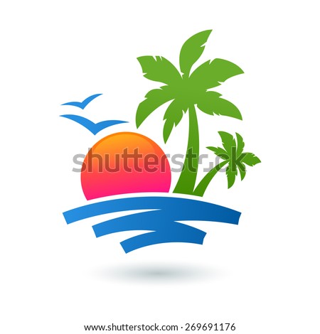 Summer beach illustration, abstract sun and palm tree on seaside. Vector logo design template. Concept for travel agency, tropical resort, beach hotel, spa.