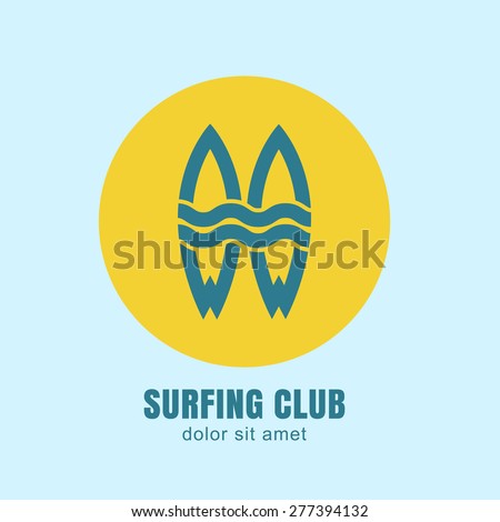 Two surfing boards silhouettes in yellow circle sun on blue background. Vector logo design template. Abstract flat design concept for surfing club, school, beach rest, summer water sport.