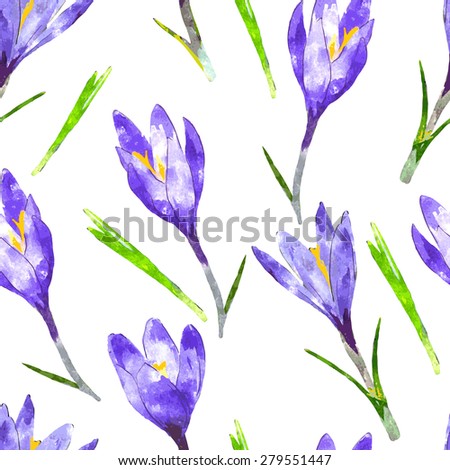 Watercolor seamless pattern with purple crocus flower and green leaves. Floral background. Vector illustration.