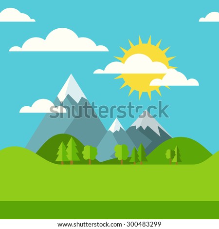 Vector summer or spring seamless landscape background. Green valley, mountains, hills, clouds and sun on the sky. Flat design nature illustration with place for text.