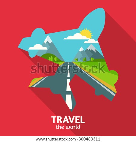 Vector summer or spring landscape background. Road in green valley, mountains, hills, clouds and sun on the sky in airplane symbol shape. Travel flat design with place for text.