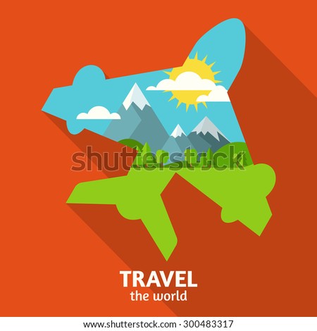 Vector summer or spring landscape background. Green valley, mountains, hills, clouds and sun on the sky in airplane symbol shape. Travel flat design with place for text.