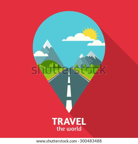 Vector summer or spring landscape background. Road in green valley, mountains, hills, clouds and sun on the sky in waypoint symbol shape. Travel flat design with place for text.
