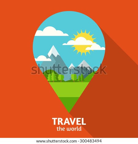Vector summer or spring landscape background. Green valley, mountains, hills, clouds and sun on the sky in waypoint symbol shape. Travel flat design with place for text.