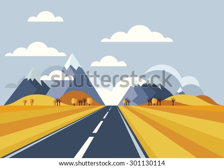 Vector landscape background. Road in golden yellow wheat field, mountains, hills, clouds on the sky. Flat style illustration of autumn nature.