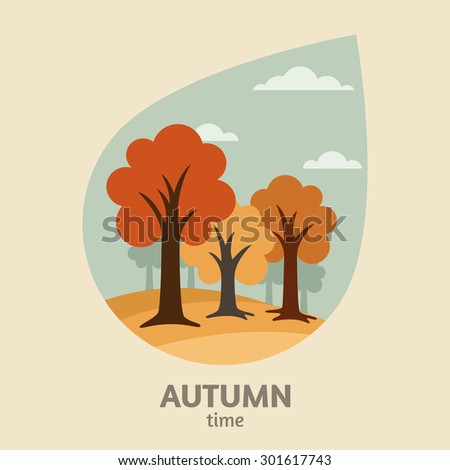 Vector autumn landscape background. Yellow trees park in leaf shape or rain drop shape.