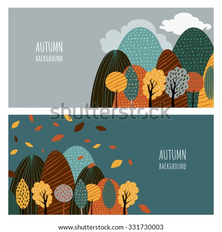 Set of vector horizontal banners with place for text. Doodle flat illustration of mountain landscape and autumn yellow trees. Creative nature hand drawn background.