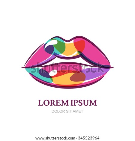 Illustration of colorful womens lips. Abstract vector logo sign design. Trendy concept for beauty salon, cosmetics product, lipstick label, cosmetology procedures, makeup stylist.
